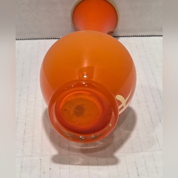 Vintage Orange Glass Bud Vase Gold Wheat Design - Picture 6 of 8